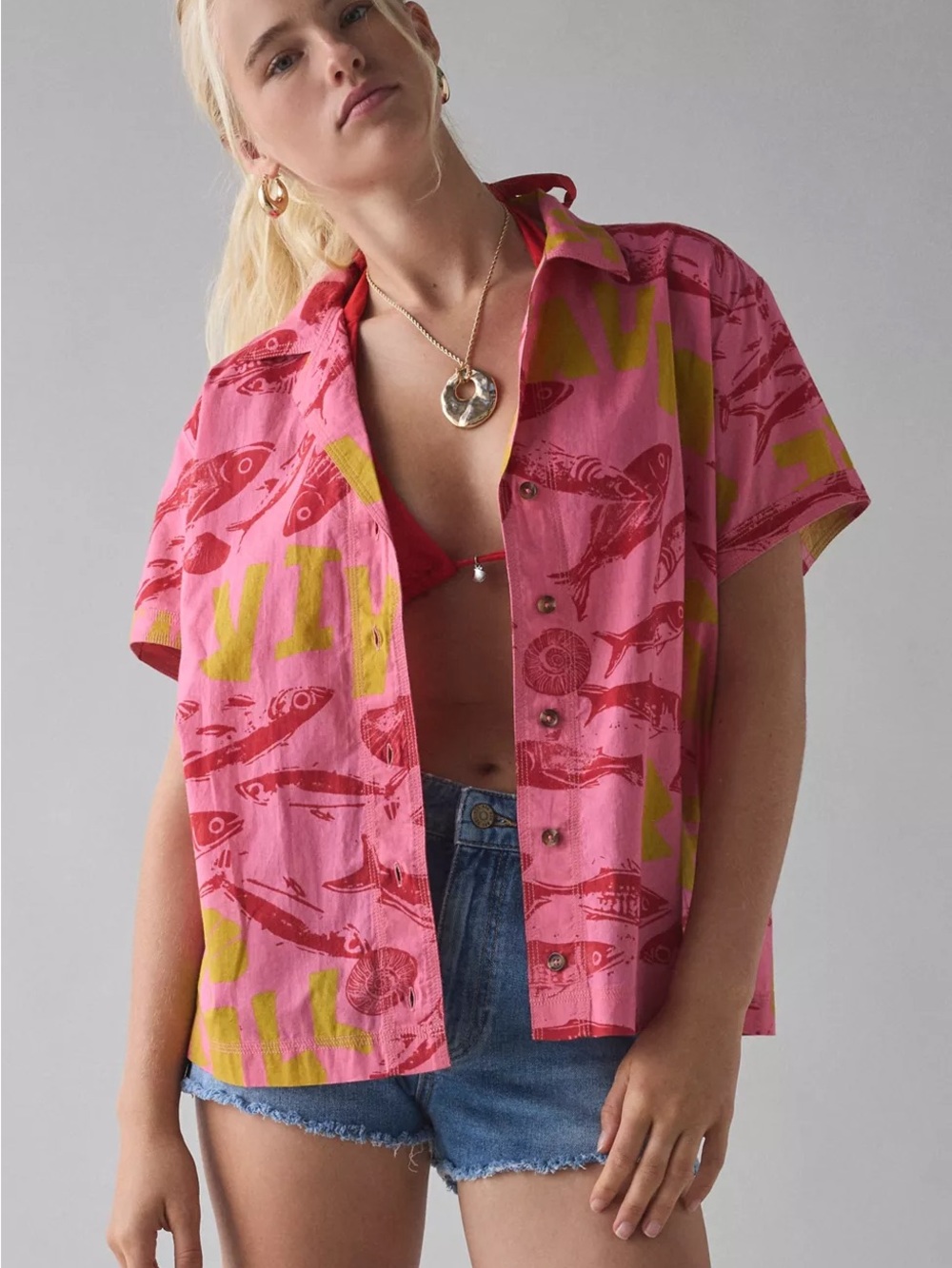 BDG Pink Short-Sleeve Printed Button-Up with Yellow Accents